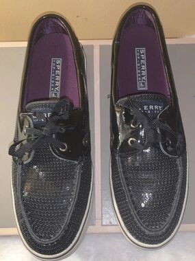 🦋🎯 Sperry Black Sequin Boat Shoes with Purple Insoles 8